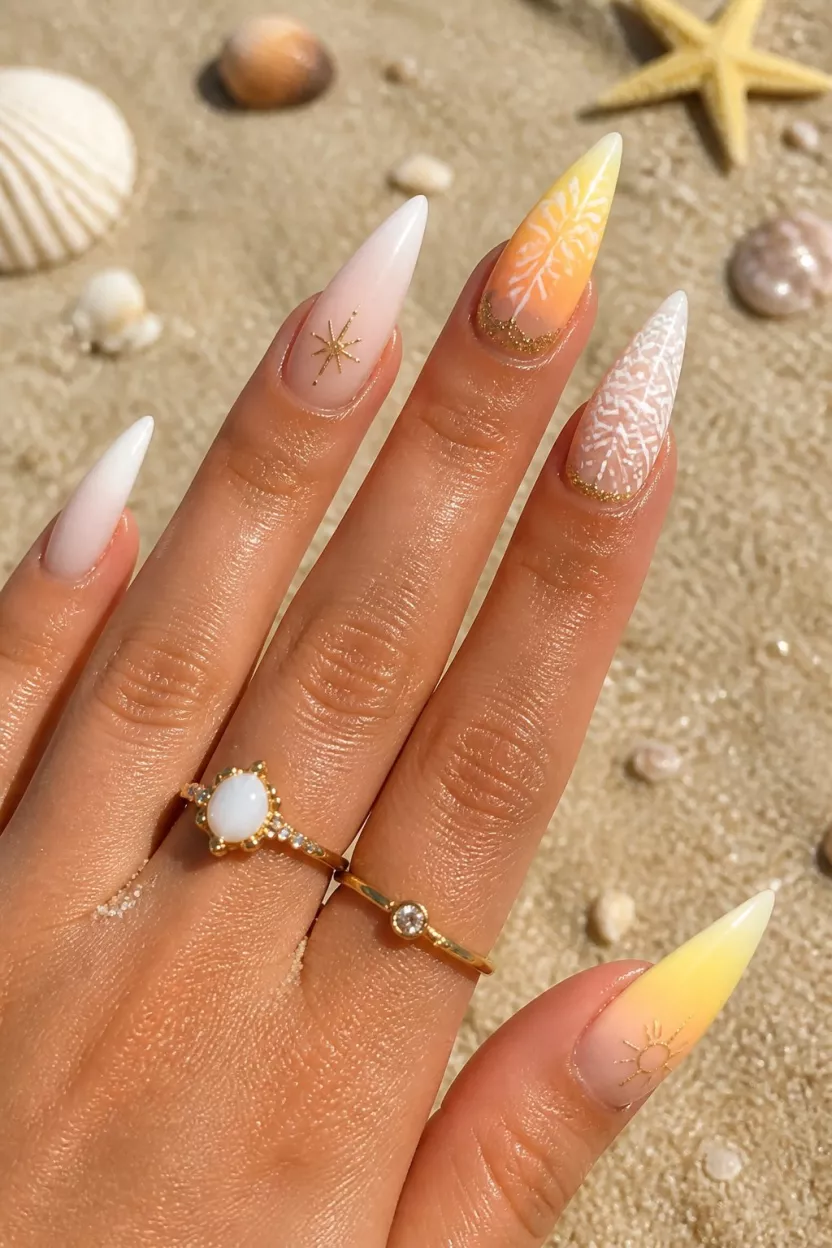 Mediterranean Ombré close-up shot of a woman’s hand with five fingers showing nails with warm ombré, subtle nude art on sand, and elaborate yellow and white pointy nails.