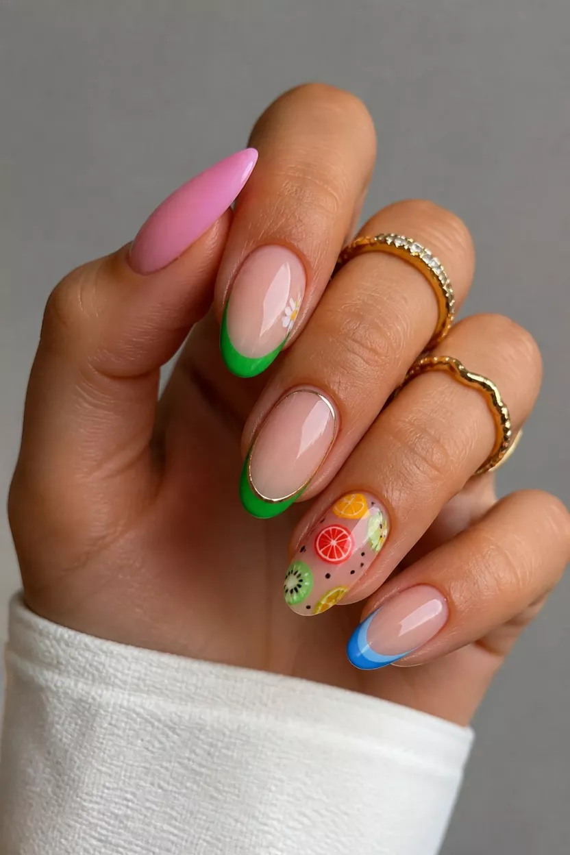 The Everything Sampler close-up shot of a woman’s hand with five fingers showing nails with diverse nail art: long pink almond nails, short green tips, elegant nude nails, fruit designs, and blue ombré French tips.