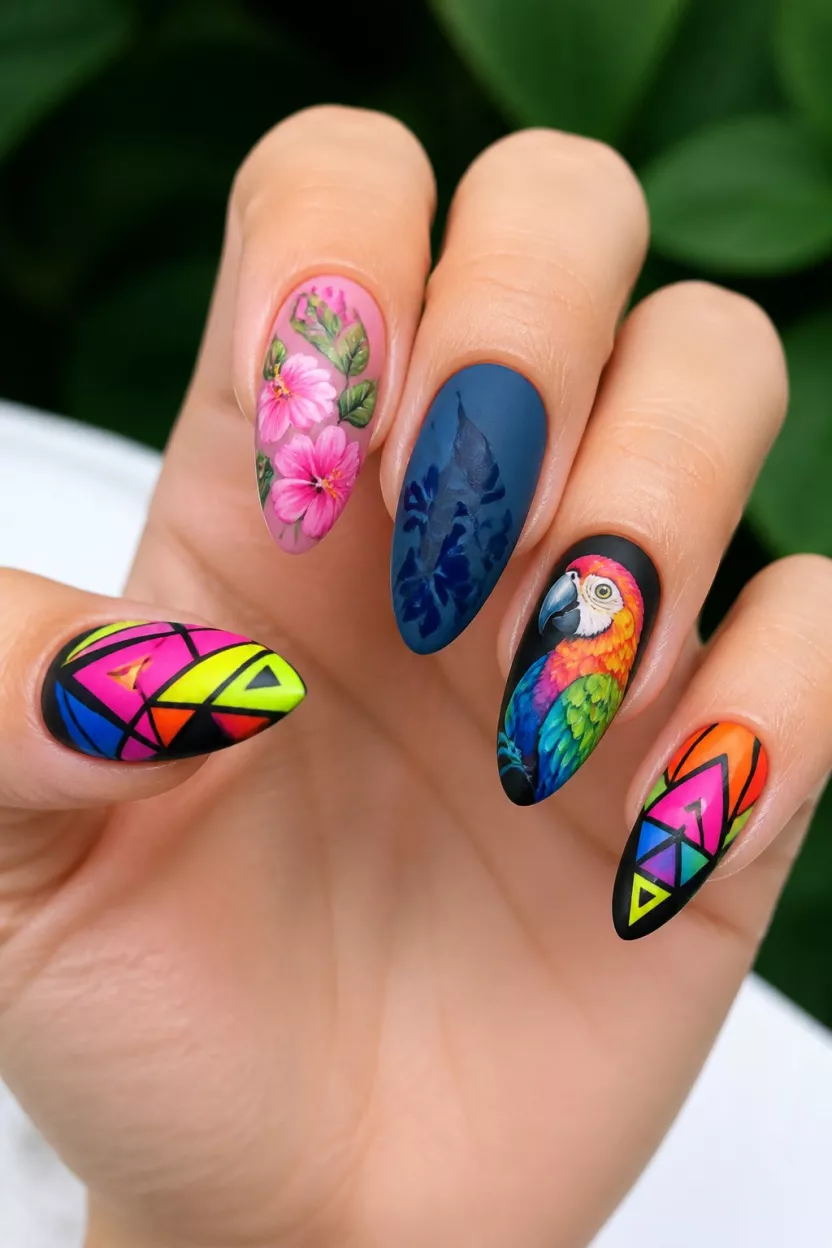 Geometric Neon Jungle close-up shot of a woman’s hand with five fingers showing nails with neon geometric shapes, pink floral paintings, matte blue floral designs, and a colorful parrot.