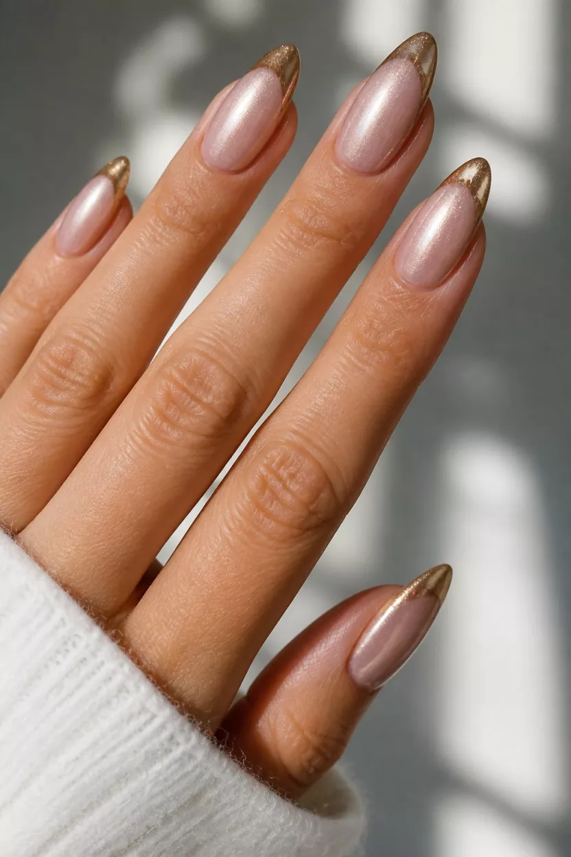 Cat Eye Bronze French close-up shot of a woman’s hand with five fingers showing nails with almond nails showcase a pearlescent, light pink base with metallic bronze and gold French tips creating a cat eye effect.