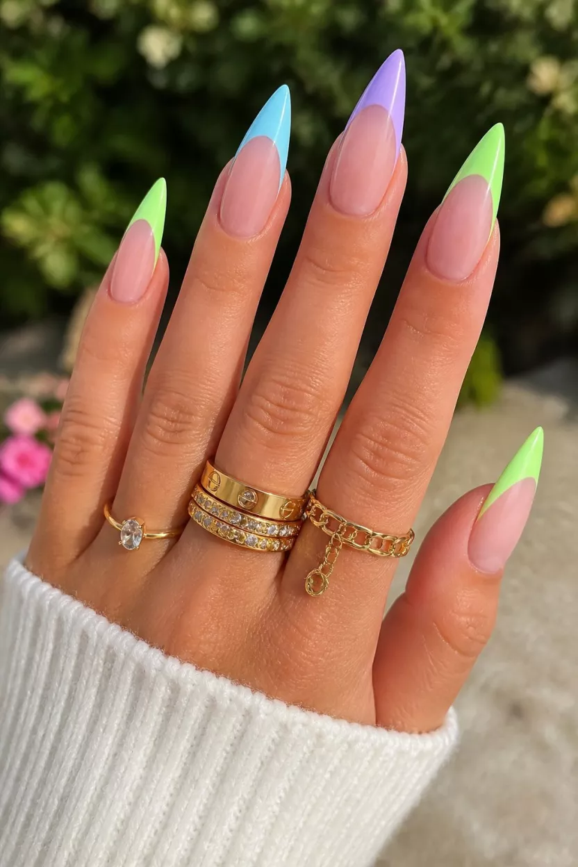 Neon Pastel Stiletto Tips close-up shot of a woman’s hand with five fingers showing nails with long, tapered stiletto nails feature pastel French tips in blue, purple, and neon green, accessorized with gold rings, outdoors setting.