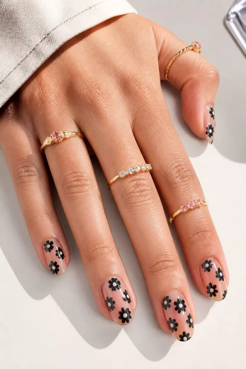 Whimsical Dark Daisies close-up shot of a woman’s hand with five fingers showing nails with oval nails showcasing a playful design with black daisies over a sheer base, adorned with gold and pink rings on a neutral surface.