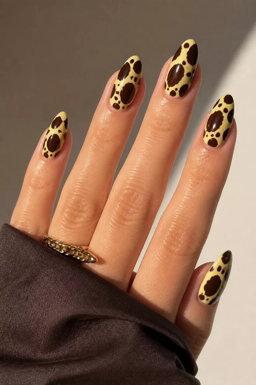 Chocolate Tortoise Shell close-up shot of a woman’s hand with five fingers showing nails with almond nails feature a bold chocolate brown and creamy yellow, abstract spotted design reminiscent of animal print.