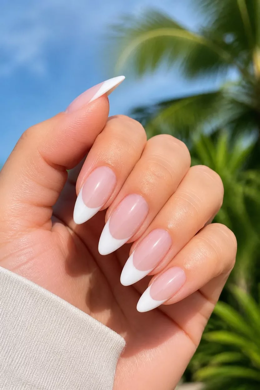The Milky Professional close-up shot of a woman’s hand with five fingers showing nails with long, sharp almond nails display a sheer, milky base with a crisp, opaque white French tip, suggesting a classic, elegant style in a bright outdoor setting.