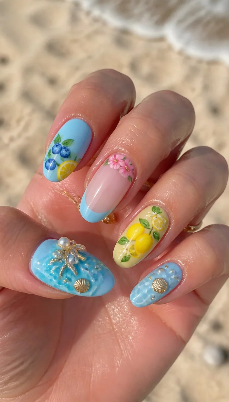 Fruity French Tips And Ocean Dreams close-up shot of a woman’s hand with five fingers showing nails with a mix of light blue and yellow nails with fruit designs and French tips with pink floral art and ocean themed nails with pearls and starfish, sandy beach background.