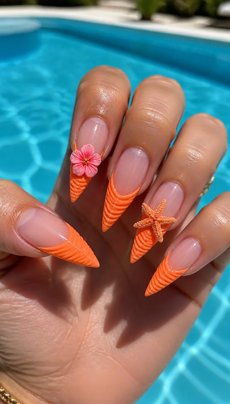 Neon Starfish And Textured Tips close-up shot of a woman’s hand with five fingers showing nails with stiletto shaped nails with clear bases and neon orange ribbed tips and a 3D pink flower and a starfish on a blue background, poolside background.