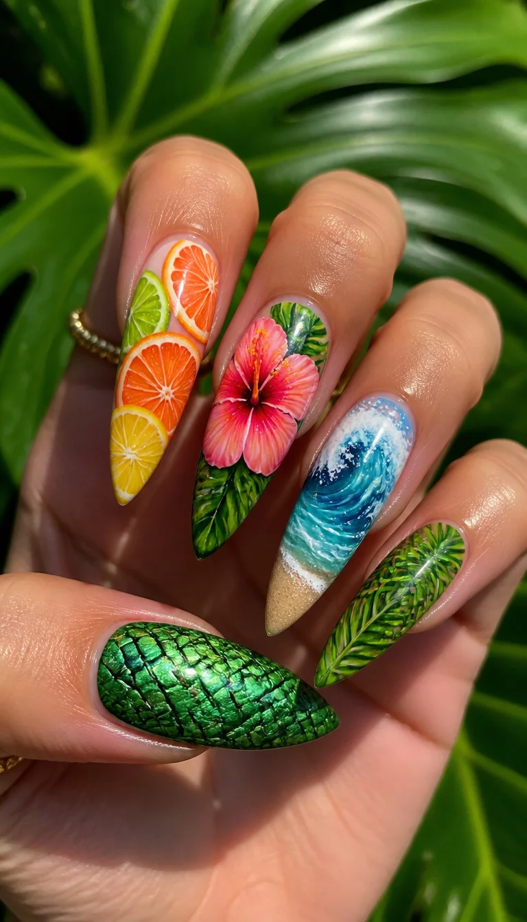 Hibiscus Waves And Snake Skin close-up shot of a woman’s hand with five fingers showing nails with stiletto nails featuring citrus slices and a hibiscus flower and an ocean wave scene and a textured green snake skin pattern, tropical leaves background.