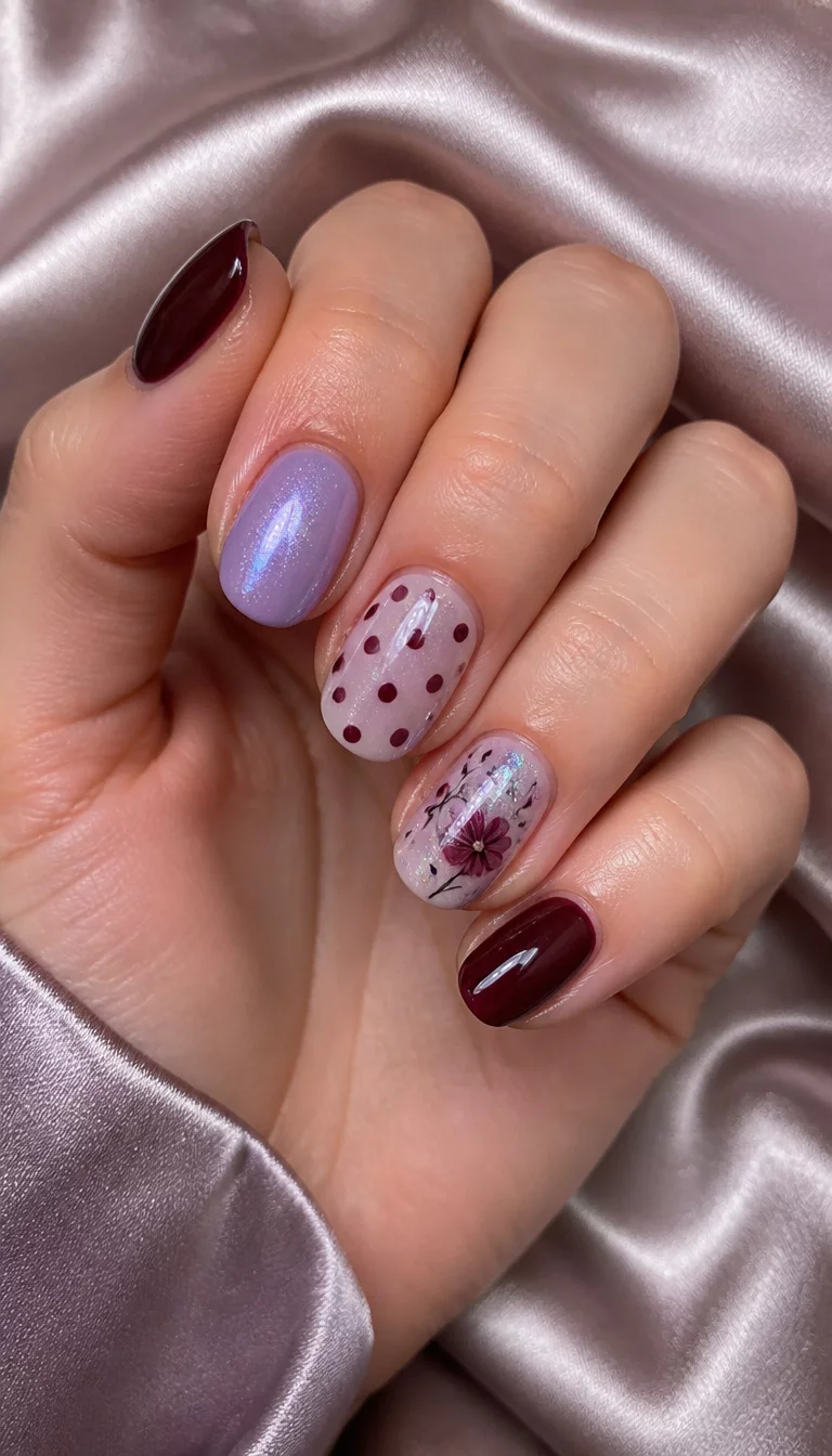 Iridescent Lavender And Dark Cherry close-up shot of a woman’s hand with five fingers showing nails with a mix of short dark red nails and lavender nails with iridescent shimmer and oval nails with polka dots and floral art, textured silk background.