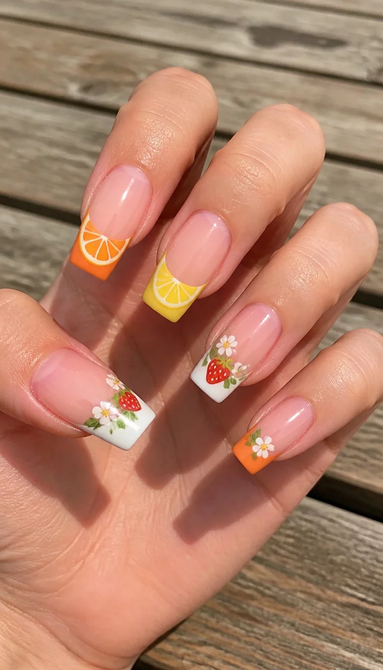 Orange Slice Frenchies close-up shot of a woman’s hand with five fingers showing nails with acrylic nails featuring orange and yellow French tips with orange slice art and white French tips with strawberry and floral designs, wooden picnic table background.