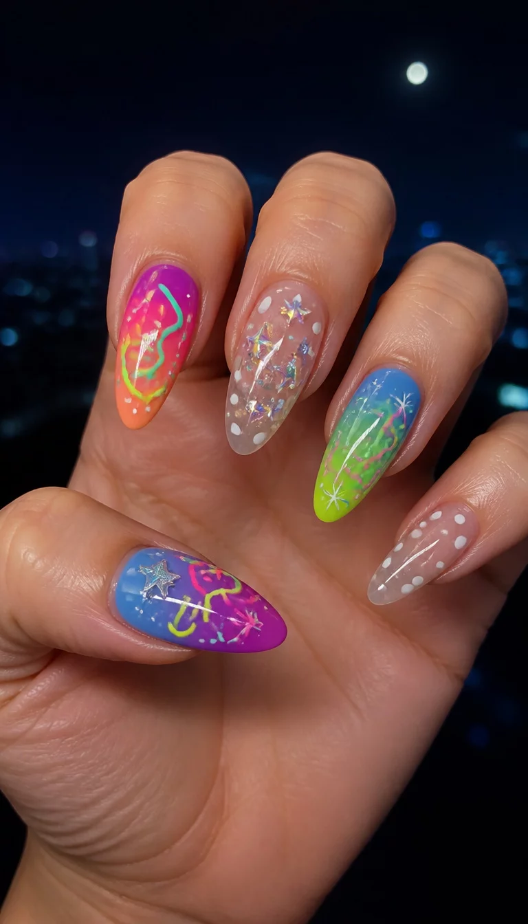 Neon Abstractions And Starry Nights close-up shot of a woman’s hand with five fingers showing nails with gradient effect nails and neon abstract designs and star shaped nail art and clear nails with white polka dots, dark blue night background.