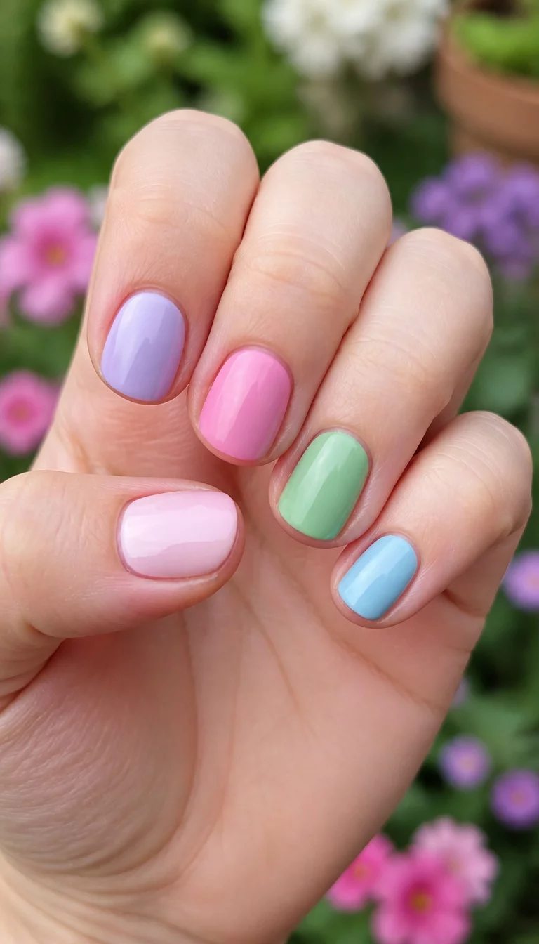 Pastel Palette Cleanser close-up shot of a woman’s hand with five fingers showing nails with short rounded nails in a variety of pastel colors including lavender and baby pink and light green and light blue, soft focus garden background.