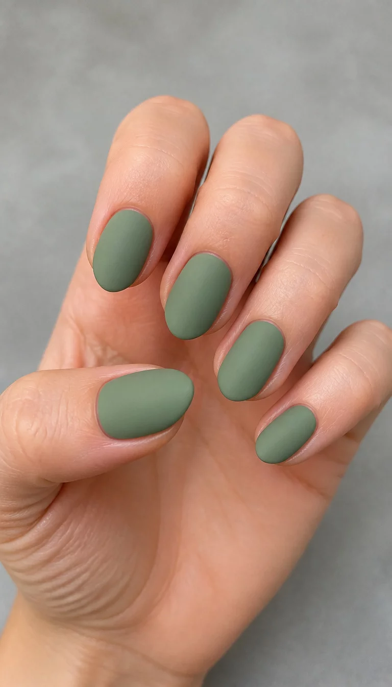 Matte Sage And Sophisticated Gold close-up shot of a woman’s hand with five fingers showing nails with short almond shaped nails painted in a solid matte sage green, neutral gray surface background.