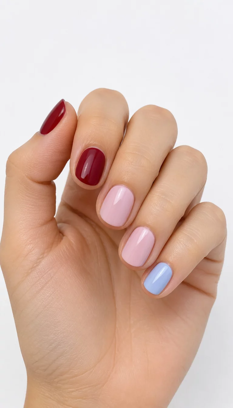 Mismatched Minimalist Tones close-up shot of a woman’s hand with five fingers showing nails with short deep red nails on one hand and pale pink on another and a single light blue nail, minimalist white background.