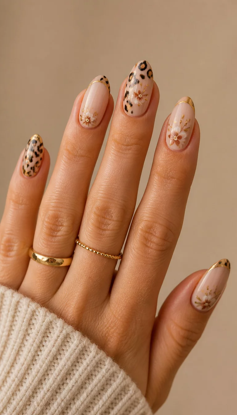 Gilded Animal Prints And Florals close-up shot of a woman’s hand with five fingers showing nails with oval nails featuring a nude base with gold accents around the cuticle and tips plus leopard print and small floral designs, soft beige background.
