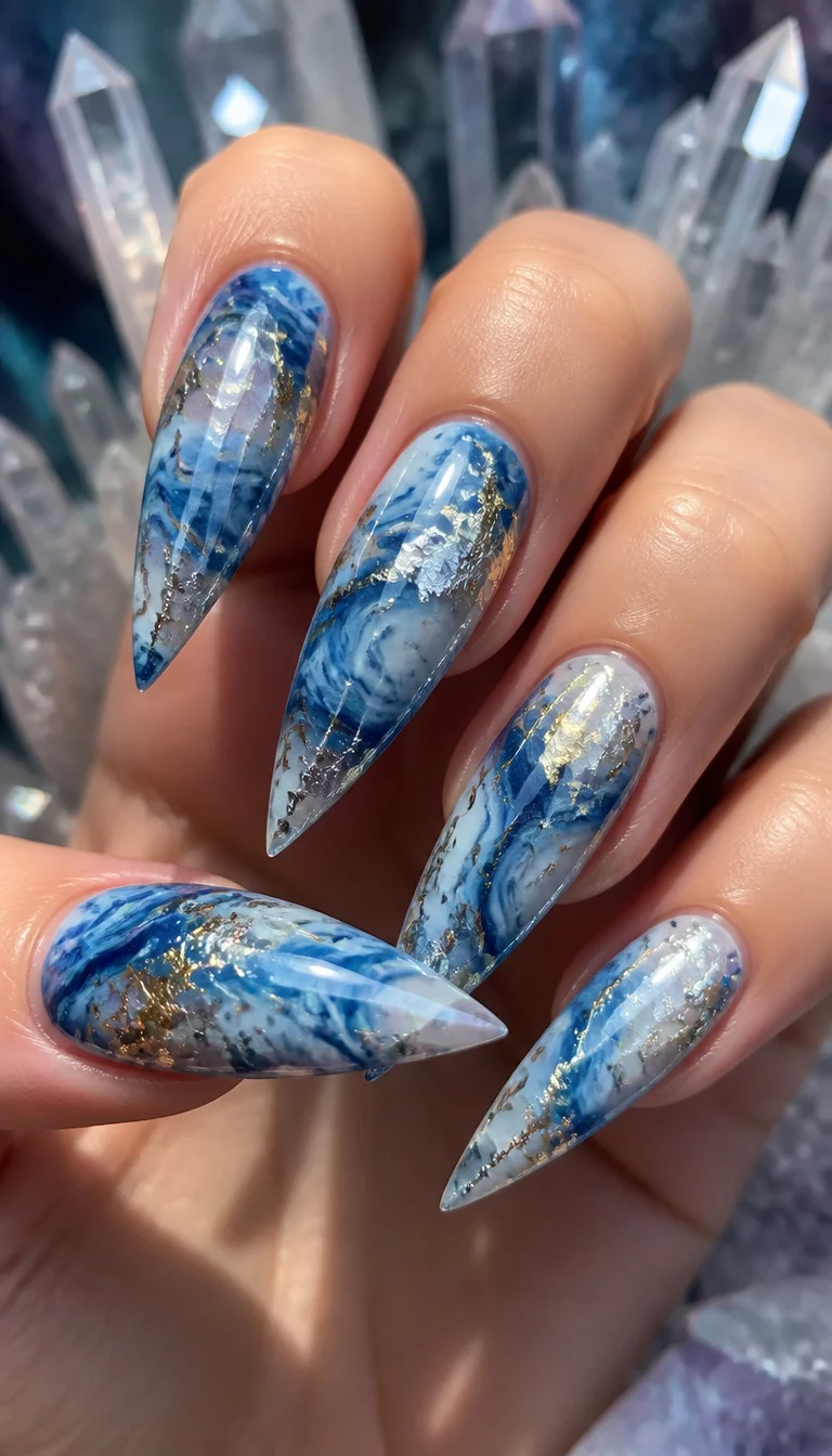Marbled Blue And Silver Foil close-up shot of a woman’s hand with five fingers showing nails with sharp stiletto shaped nails covered in blue and white marble design with gold and silver foil pieces, crystal background.