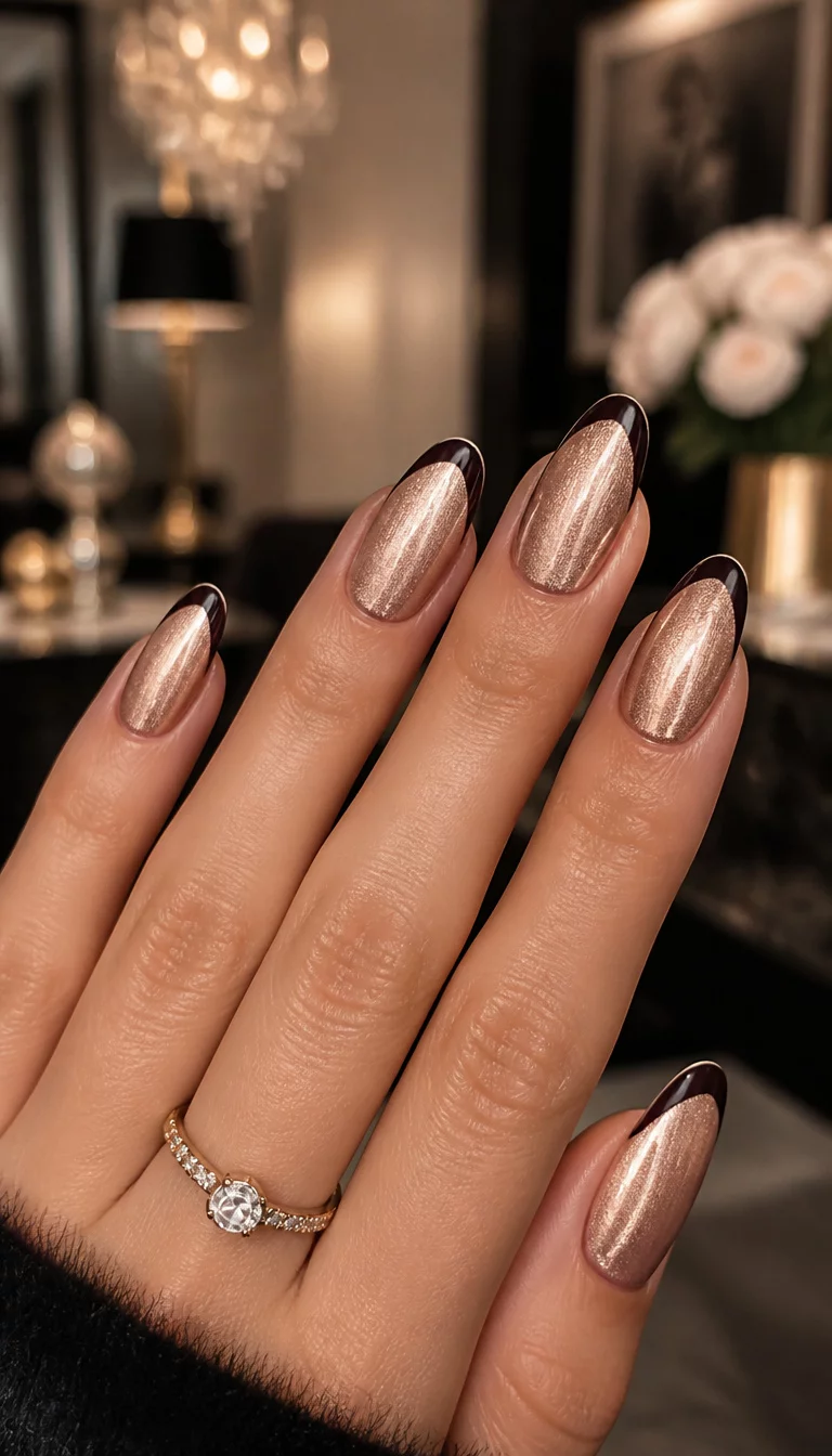 Metallic Rose Gold And Ink Tips close-up shot of a woman’s hand with five fingers showing nails with long almond shaped nails with metallic rose gold shimmer and dark polished tips, blurred luxury interior background.