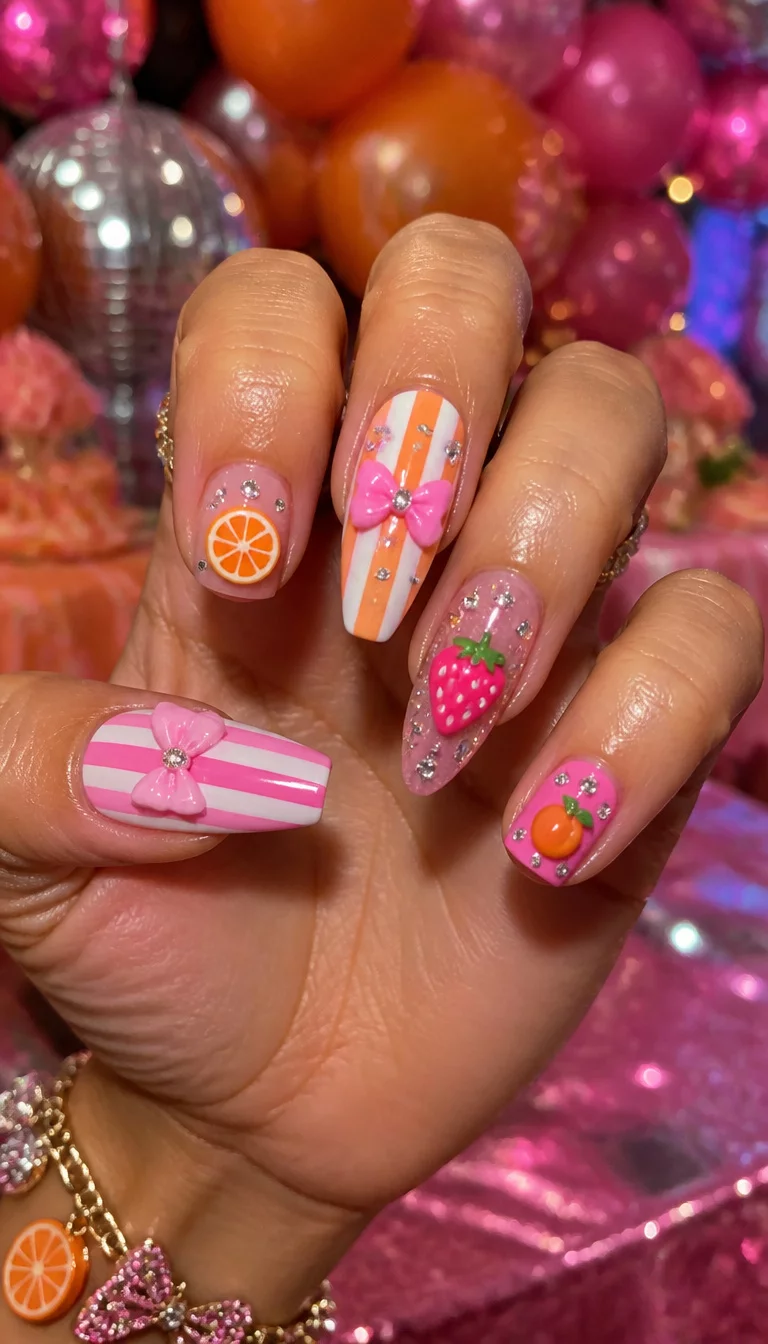 Embellished Bows And Rhinestones close-up shot of a woman’s hand with five fingers showing nails with a mix of short and long nails with colorful stripes and sparkling rhinestones and bows and fruit motifs in pink and orange, festive party background.