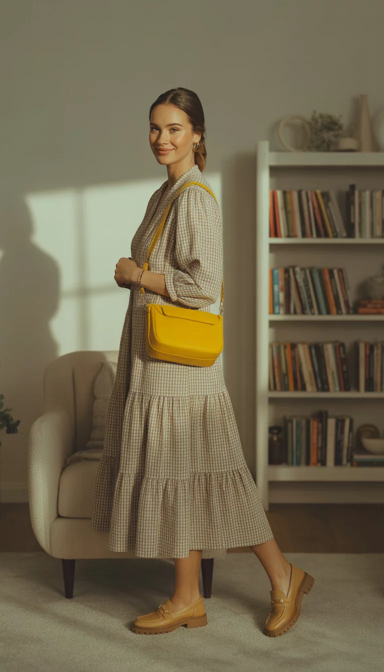 A beautiful 27-year-old woman in a brown and white gingham tiered midi dress, tan loafers, and a bright yellow crossbody bag, standing indoors.