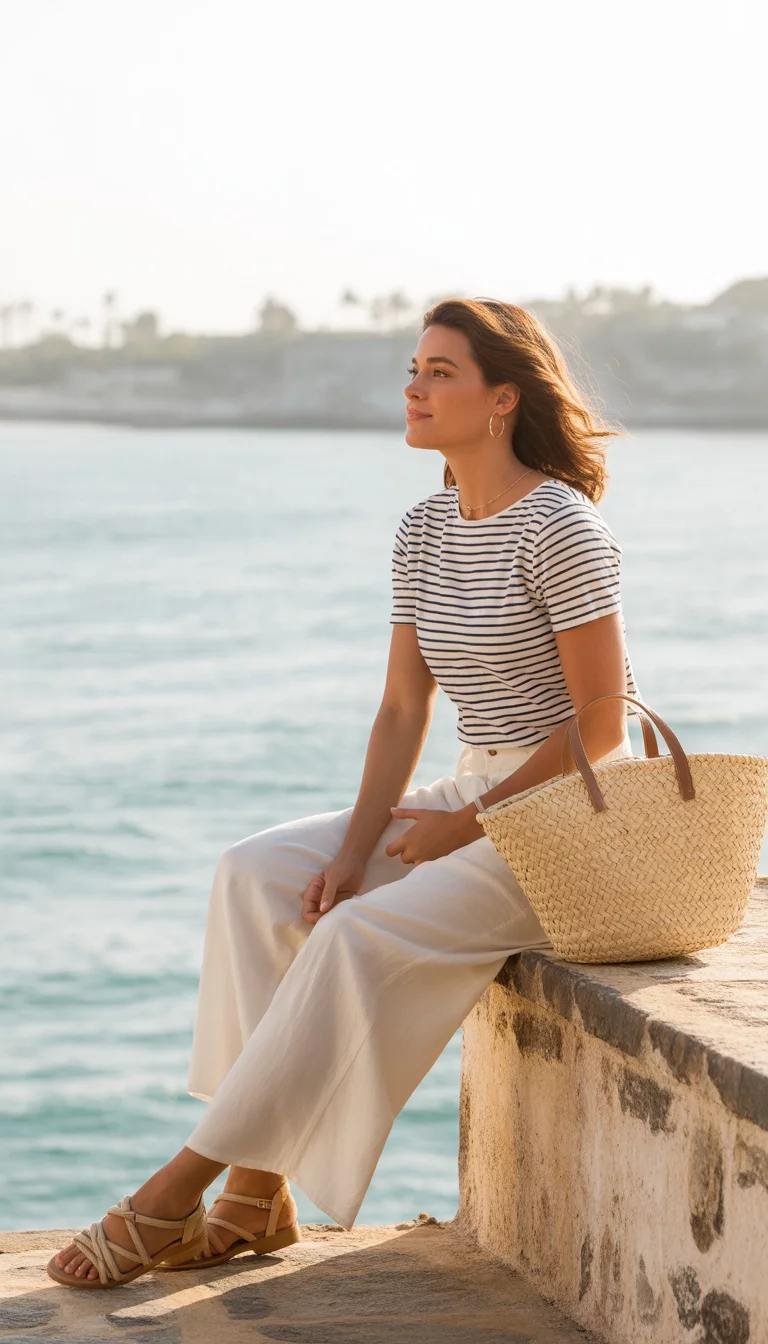 A beautiful 28-year-old woman in a striped t-shirt, ivory wide-leg pants, and brown strappy sandals, with a straw tote, sitting on a stone ledge.