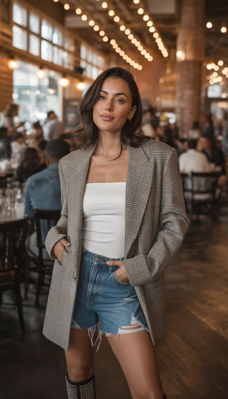 A beautiful 30-year-old woman in a plaid blazer over a white tube top and distressed denim shorts, paired with studded boots, posing in a cafe.