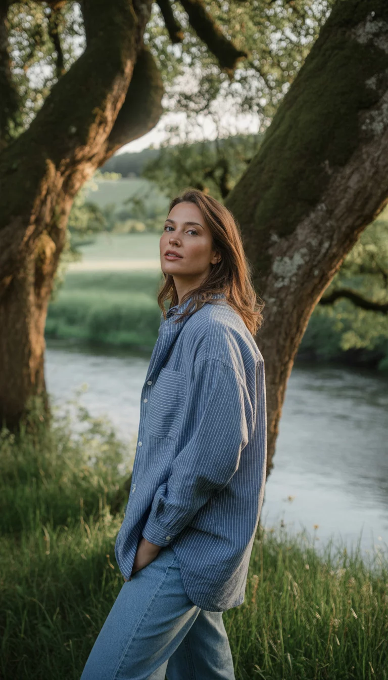 A beautiful 30-year-old woman in a blue and white pinstripe oversized shirt and blue jeans, posing between two moss-covered trees by a river.