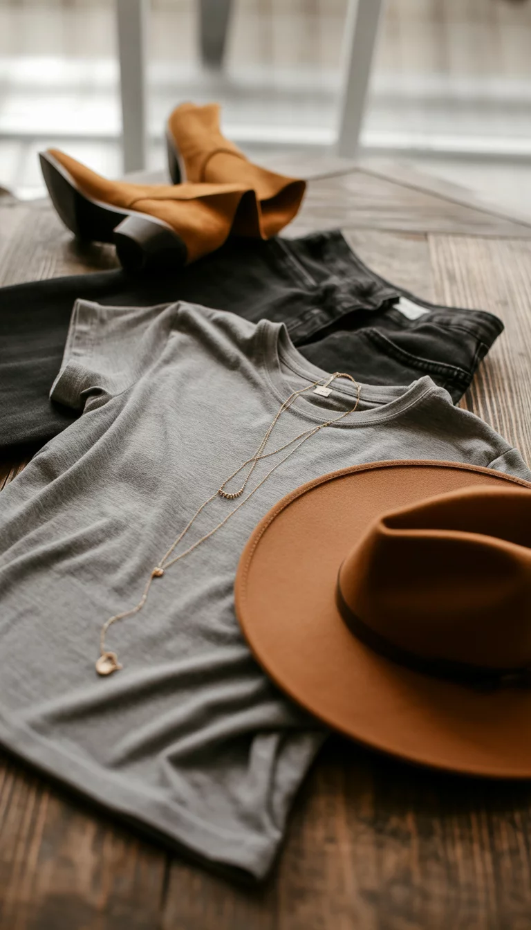A flat lay of a fall outfit: a grey t-shirt, black jeans, a brown hat, tan booties, and gold jewelry.