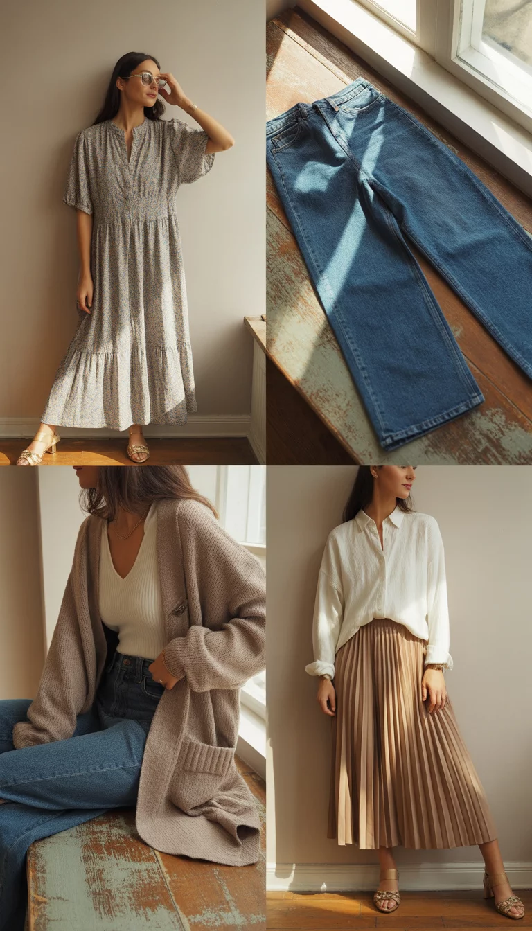 A collage of four styled outfits for summer to fall transitions, featuring floral dresses, dark jeans, beige cardigans, and tan skirts.