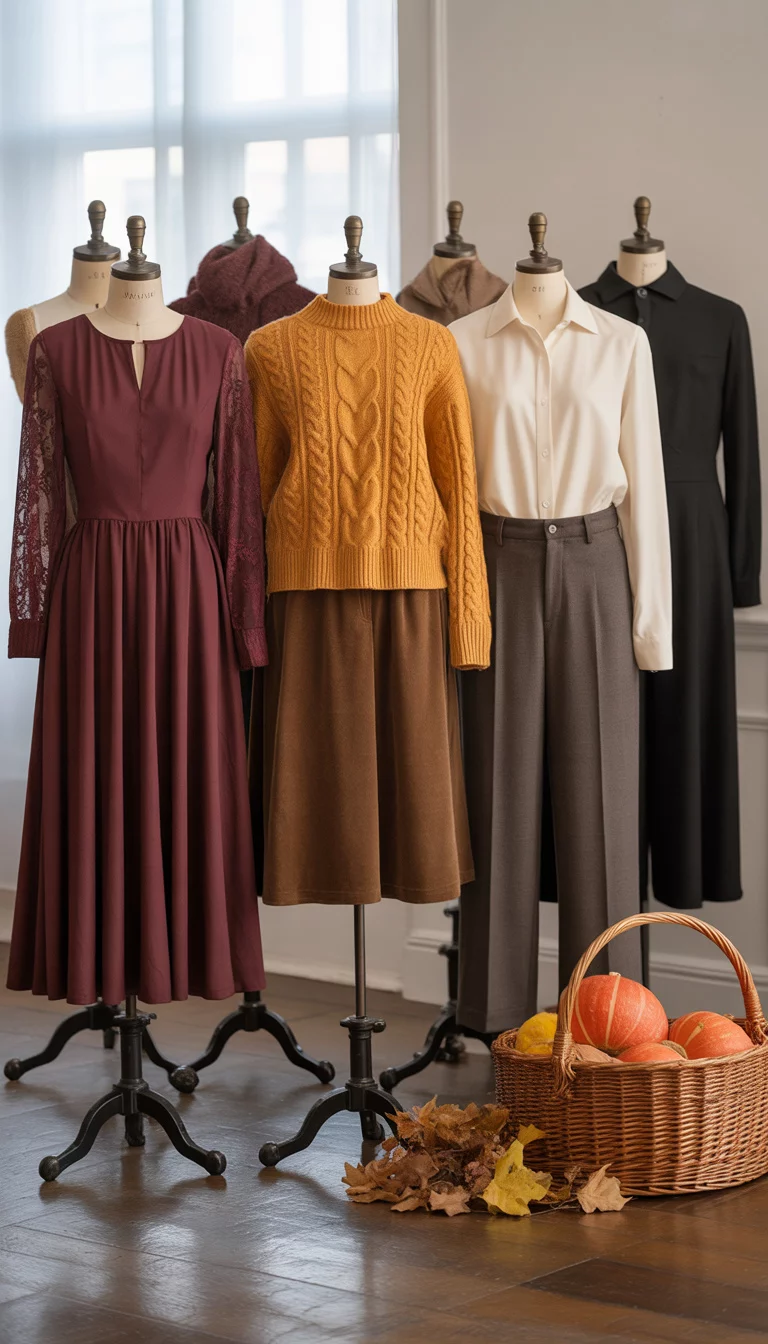 A collage of six styled outfits featuring burgundy dresses, mustard sweaters, brown skirts, and charcoal pants in fall colors.