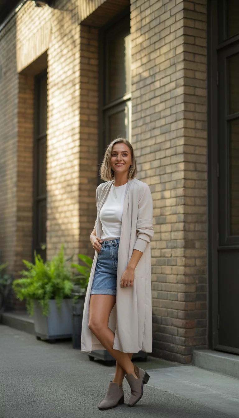 A beautiful 33-year-old woman in a long cream cardigan over shorts and a white top, with taupe booties, smiling in front of a brick building.