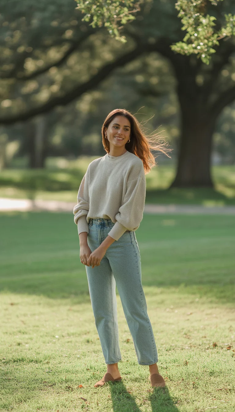 A beautiful 26-year-old woman in a light beige ribbed sweater, high-waisted light wash jeans, and brown mule shoes, standing in a park.
