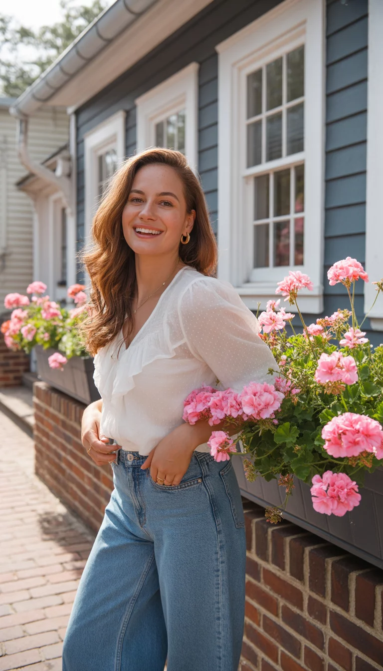 A beautiful 27-year-old woman in a white ruffle-top blouse and wide-leg jeans, smiling on a sidewalk in front of a blue and gray house.