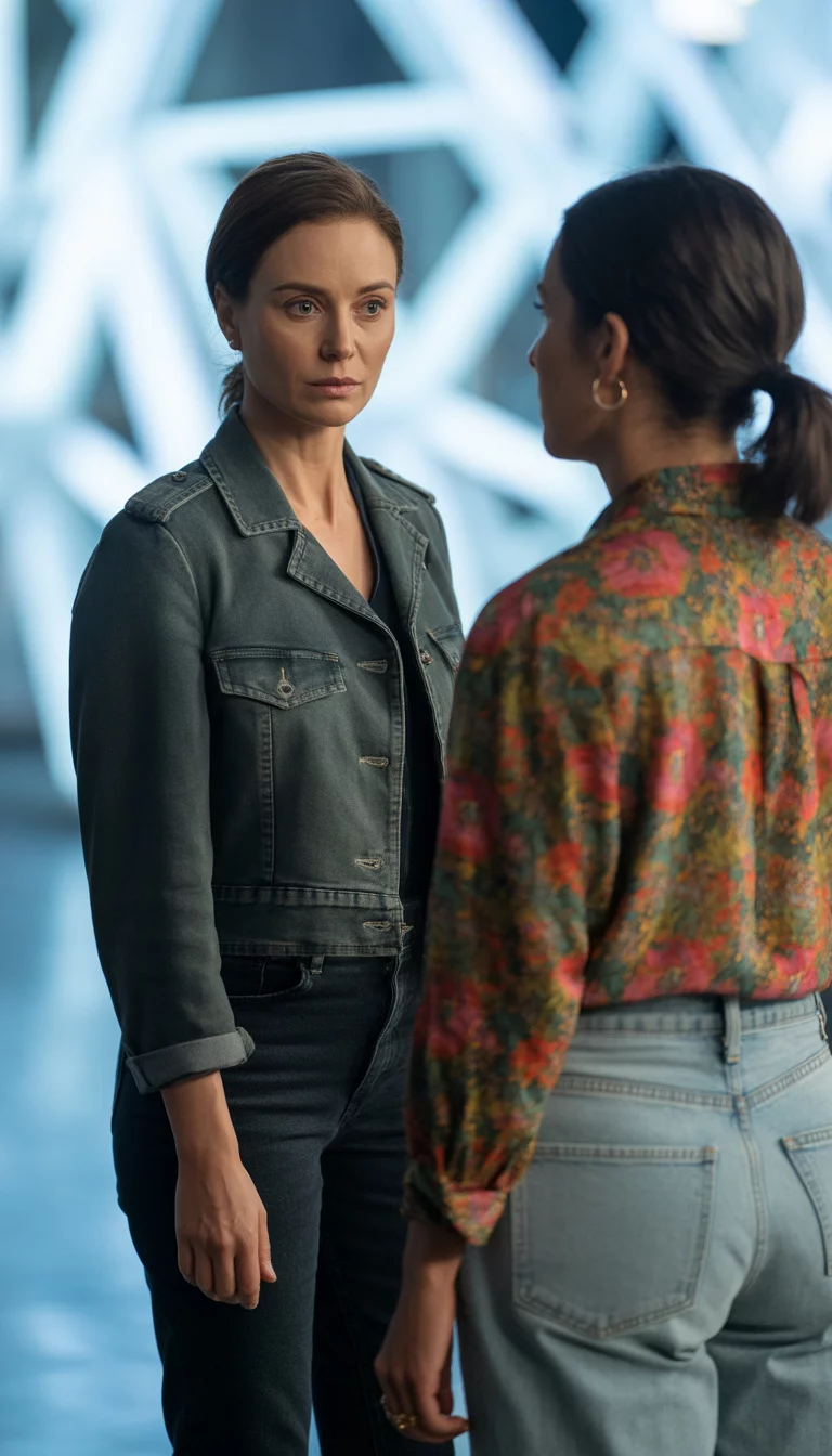 A beautiful 35-year-old woman in dark jeans and a military jacket, standing next to another woman in light jeans and a floral top in a graphic display.