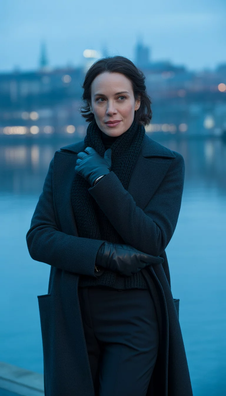 A beautiful 42-year-old woman in a heavy dark charcoal coat, black knit scarf, and fitted black trousers, she wears leather gloves, city skyline and lake background.