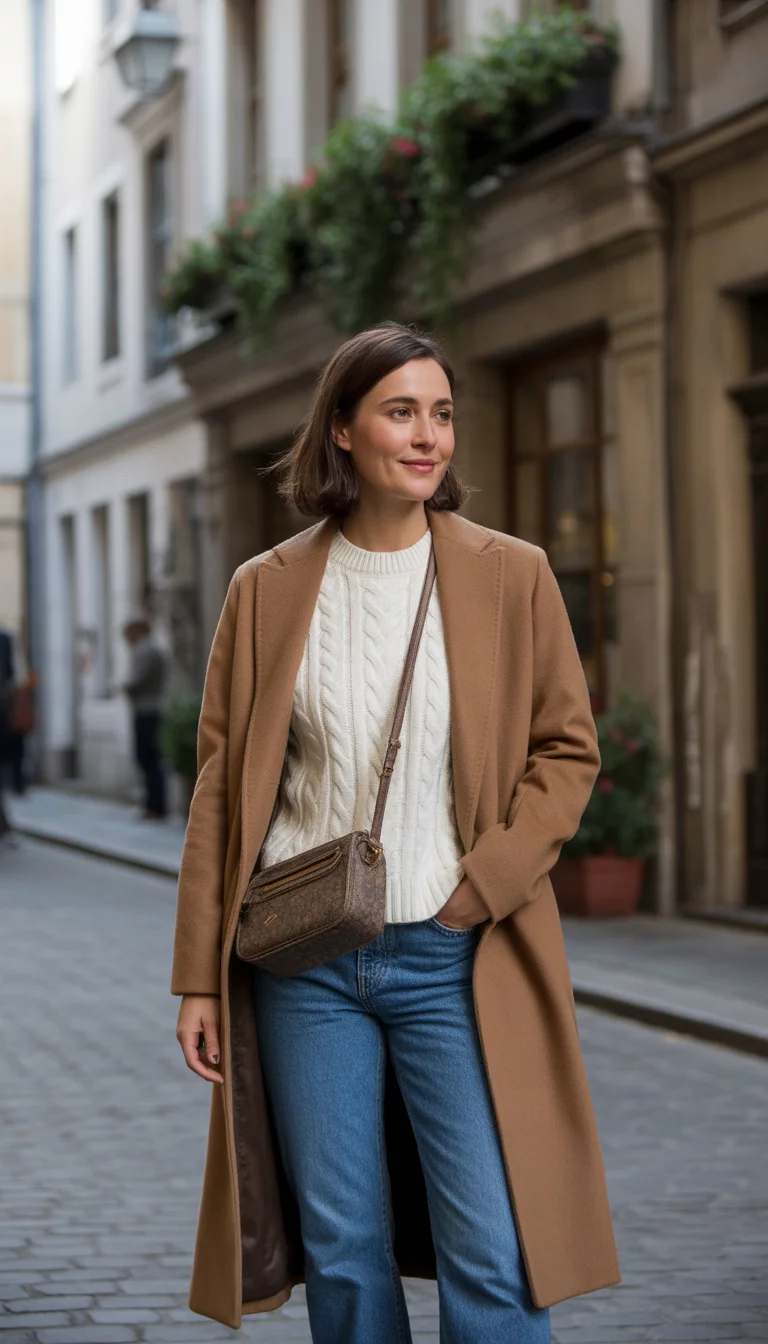 A beautiful 30-year-old woman in a camel wool coat, white cable knit sweater, and blue flare jeans, she carries a small brown crossbody bag, European cobblestone street background.
