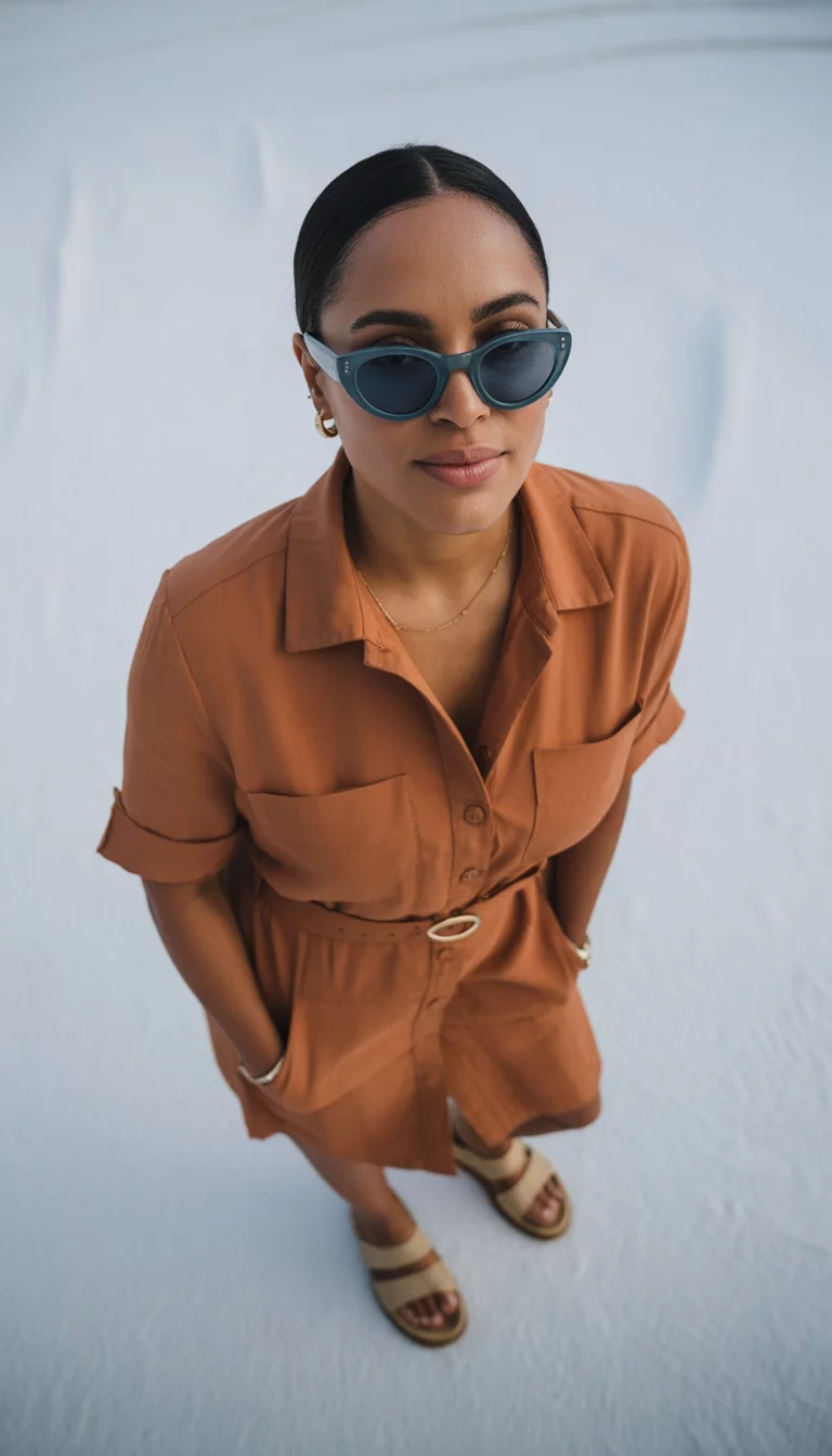 A beautiful 33-year-old woman in a rust-colored belted safari shirt dress, blue sunglasses, and tan sandals, white studio background.