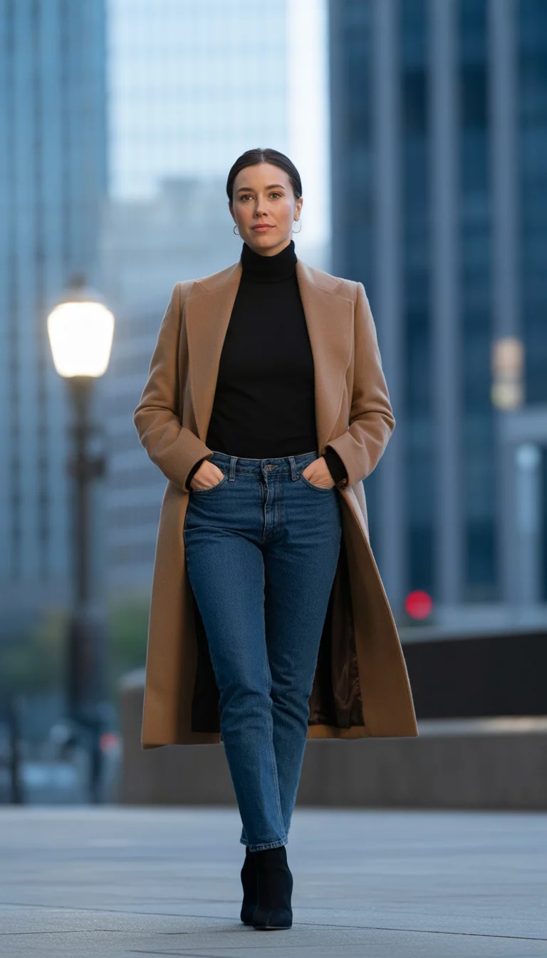 A beautiful 34-year-old woman in a tan wool coat, black turtleneck sweater, and blue slim fit jeans, she wears black heeled boots, modern city building background.