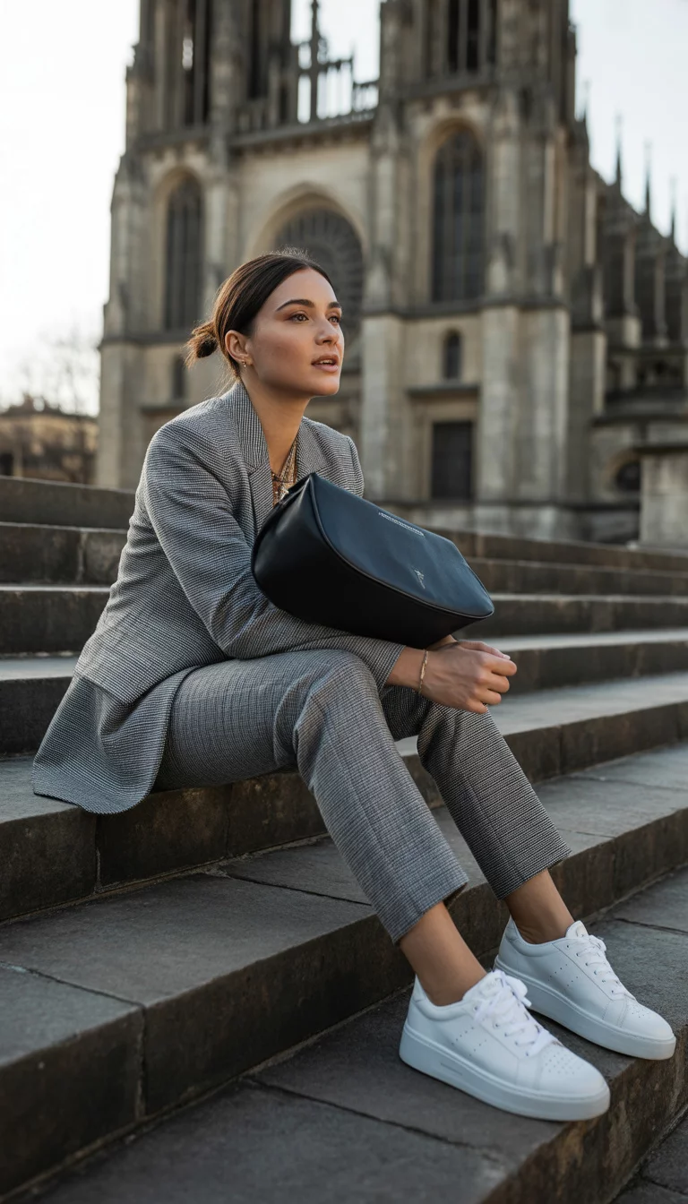 A beautiful 29-year-old woman in a grey plaid power suit, white leather sneakers, and a black leather shoulder bag, she sits on stone steps with a cathedral background.