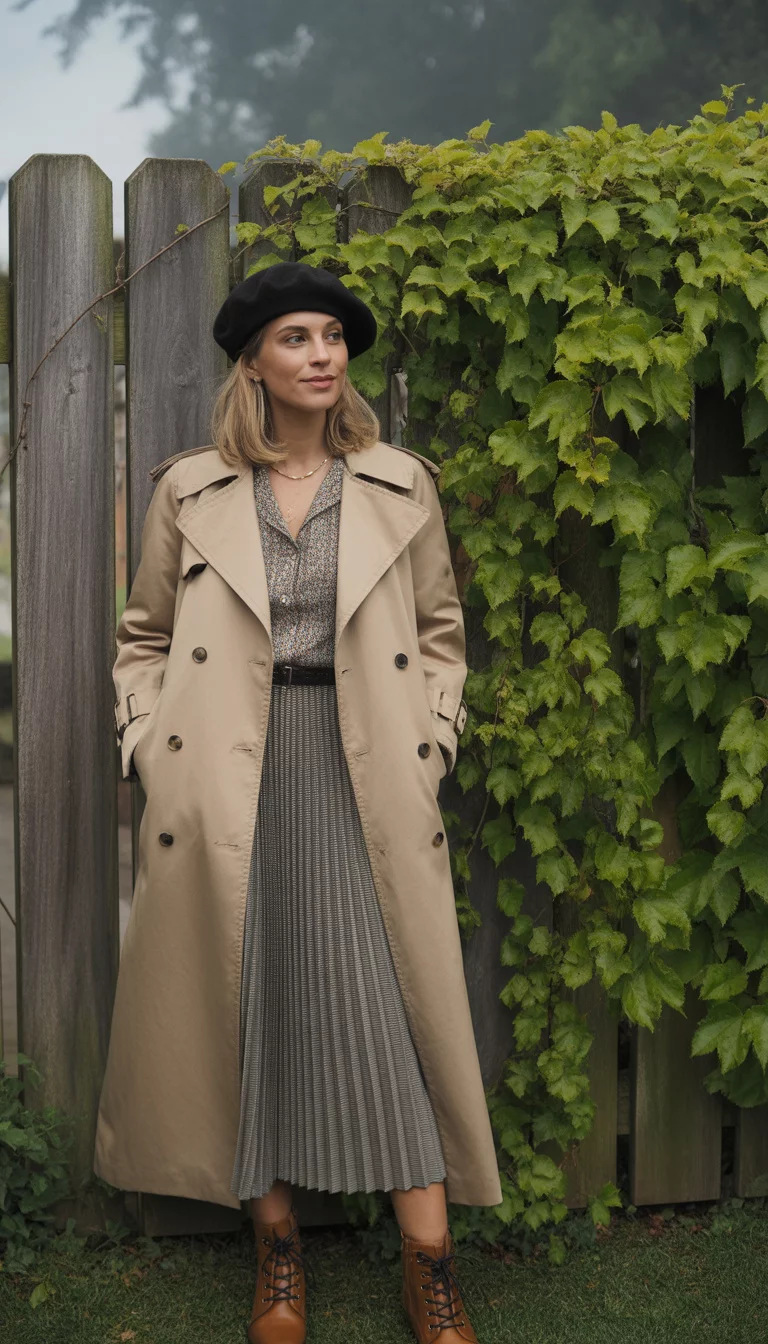A beautiful 31-year-old woman in a classic beige trench coat, patterned blouse, and grey pleated midi skirt, she wears a black beret and brown lace-up boots, outdoor fence background.