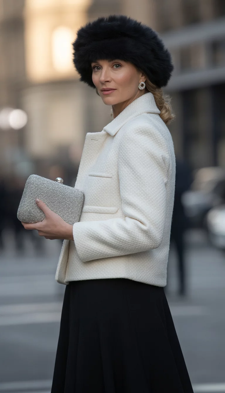 A beautiful 38-year-old woman in a white boucle jacket, black A-line skirt, and a black fur hat, she carries a silver studded clutch, blurred urban city background.