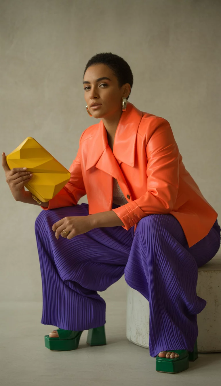 A beautiful 33-year-old woman in a bright orange architectural jacket, purple pleated trousers, and green platform heels, she carries a yellow geometric clutch, textured studio background.