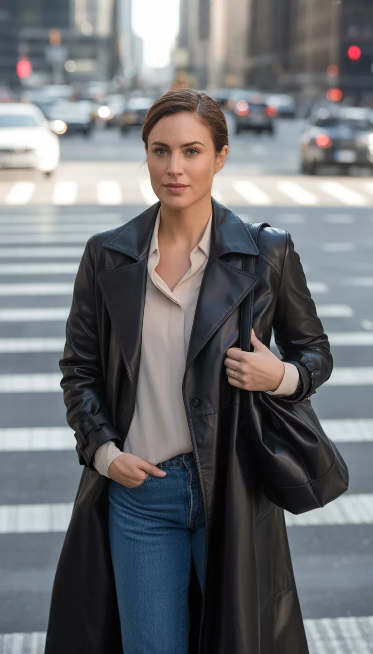 A beautiful 30-year-old woman in a sleek black leather trench coat, beige button up shirt, and classic blue jeans, she carries a black leather handbag, urban crosswalk background.