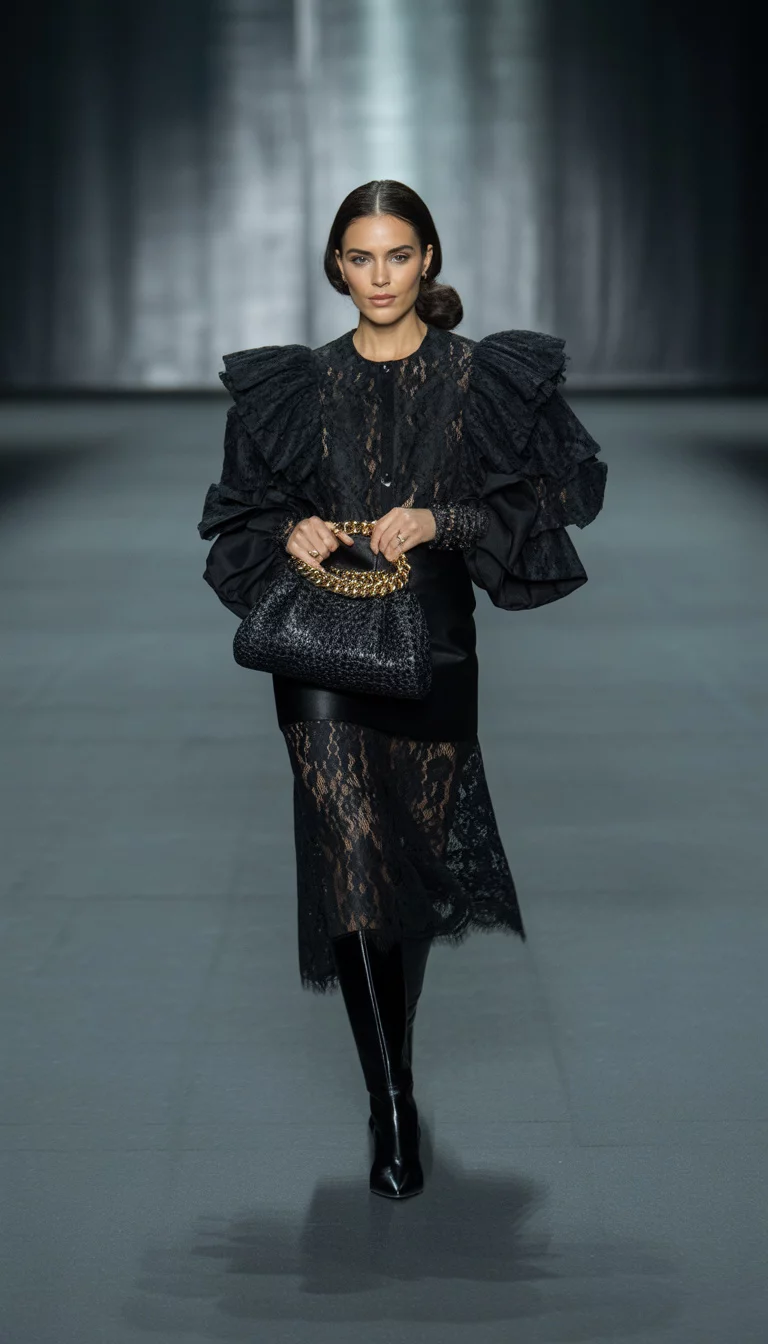 A beautiful 27-year-old woman in a black lace blouse with voluminous sleeves, matching black lace skirt, and tall black leather boots, she carries a textured black handbag, indoor runway setting.