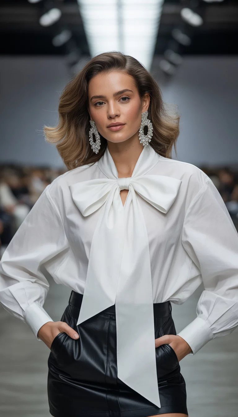 A beautiful 29-year-old woman in a white oversized bow-tie blouse, black leather mini skirt, and large silver statement earrings, indoor runway backdrop.
