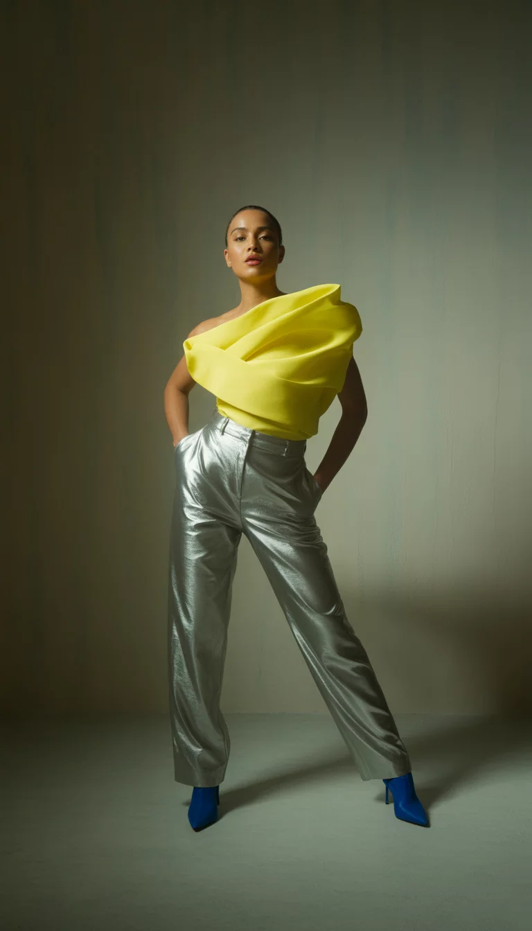A beautiful 28-year-old woman in a bright yellow sculptural top, metallic silver trousers, and electric blue heels, textured studio background.