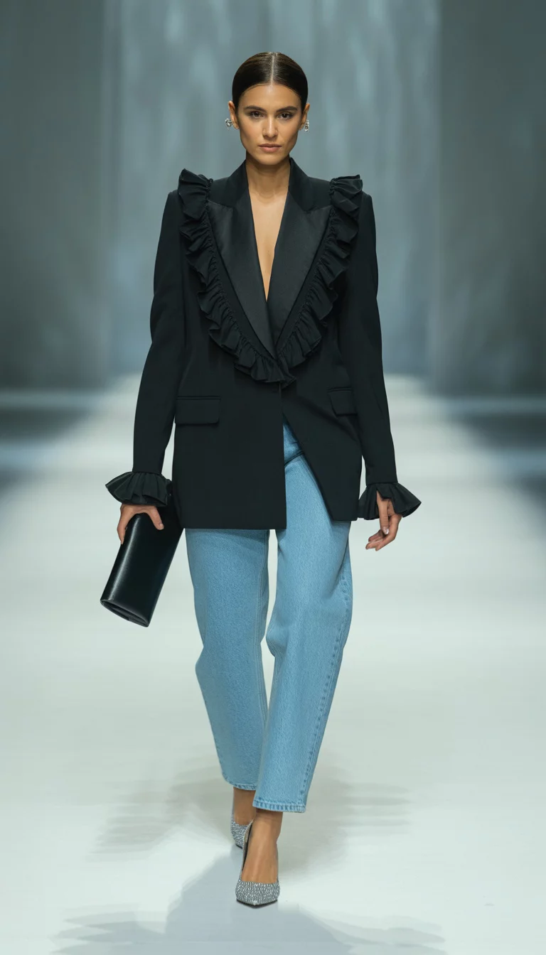 A beautiful 26-year-old woman in a black blazer with ruffled fabric embellishments, light blue straight leg jeans, and silver statement heels, she carries a black leather clutch, bright indoor runway.
