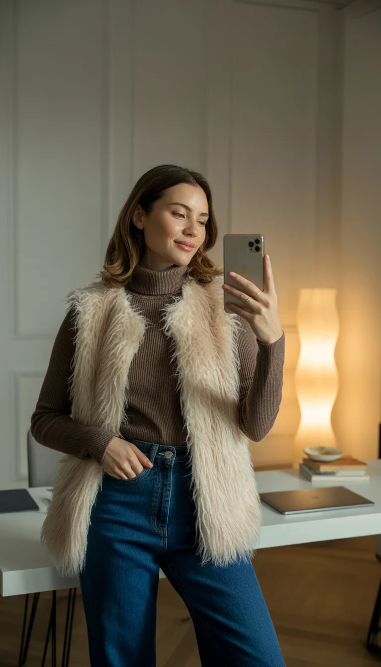 A beautiful 36-year-old woman in a brown turtleneck sweater, cream faux fur vest, and high-waisted dark blue jeans, she holds a smartphone for a mirror selfie, chic home office background.