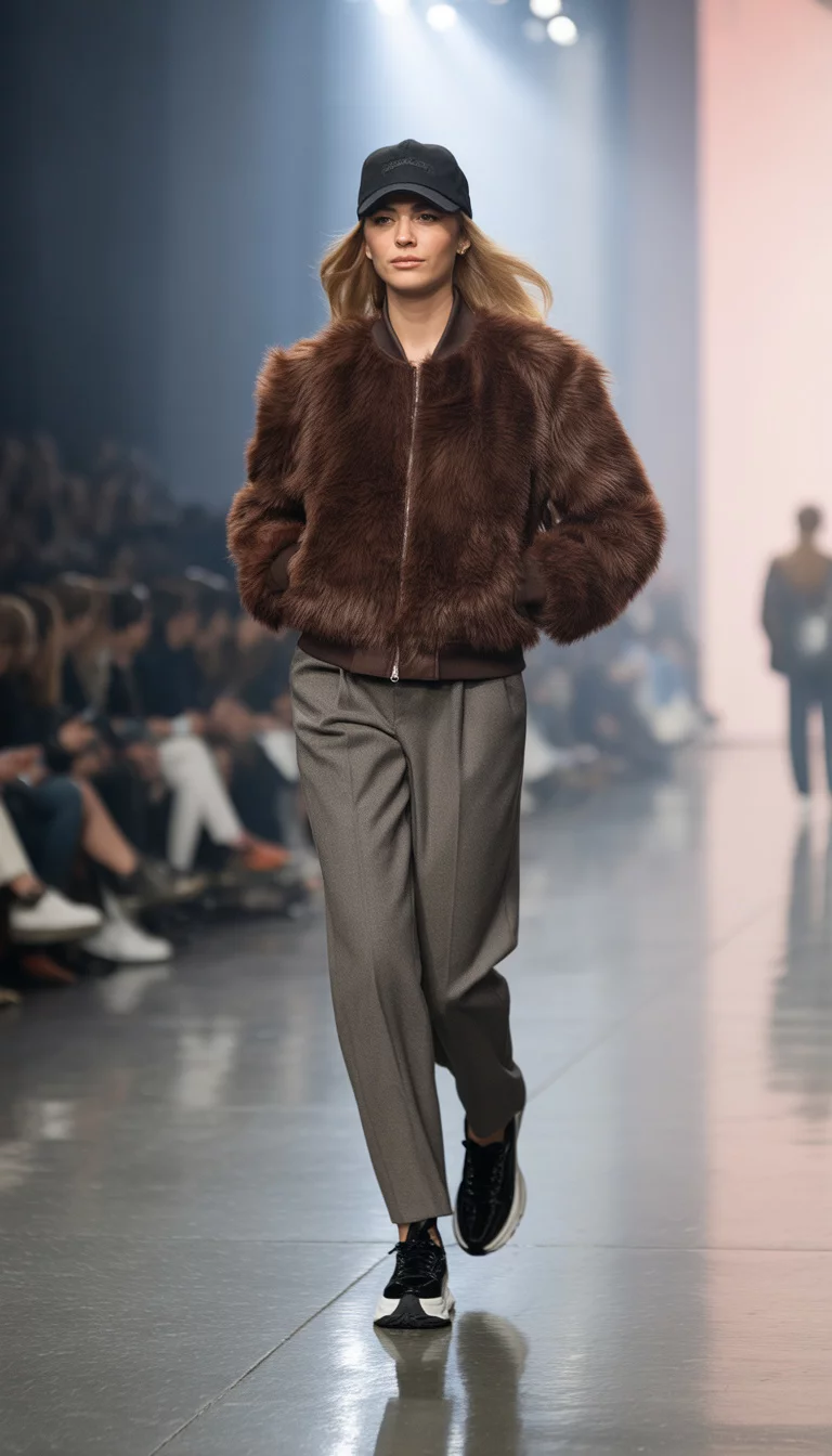 A beautiful 25-year-old woman in a furry brown bomber jacket, grey wool trousers, and a black baseball cap, she wears chunky black sneakers, indoor runway with audience.