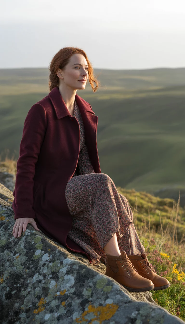 A beautiful 37-year-old woman in a burgundy wool coat, floral midi dress, and brown leather boots, she sits on a rocky outcrop in a natural landscape.
