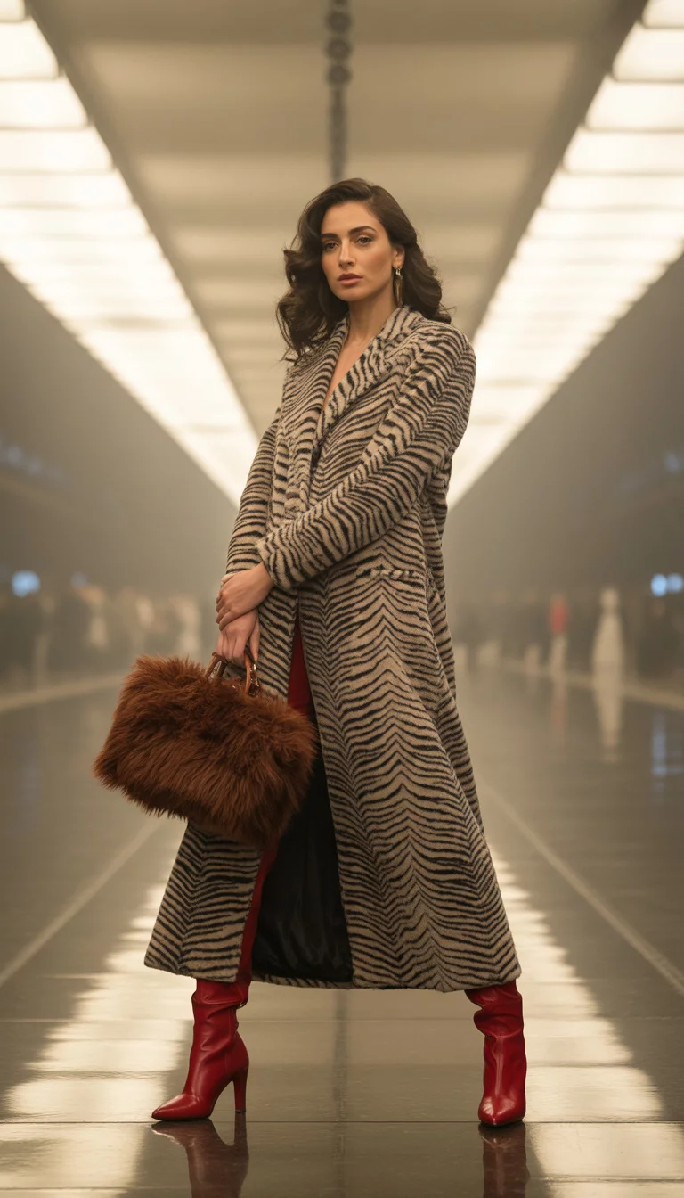 A beautiful 24-year-old woman in a long zebra print coat, red leather boots, and a brown fluffy handbag, bright indoor runway setting.