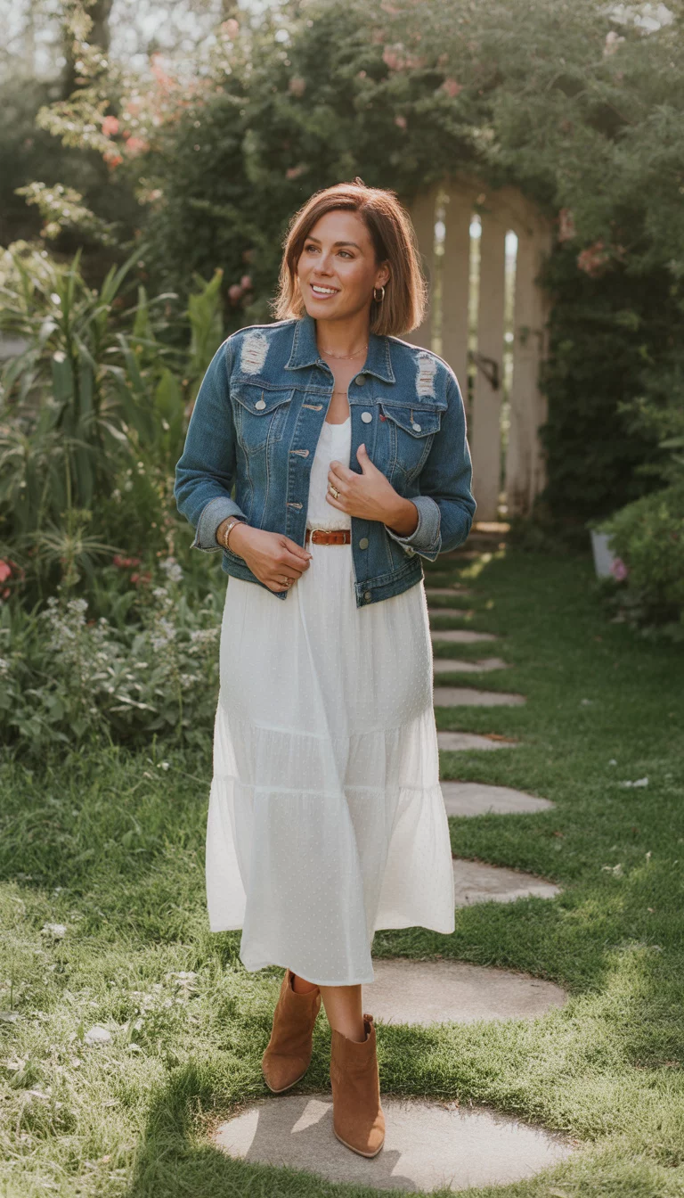 A beautiful 31-year-old woman in a distressed denim jacket, white midi dress, and brown suede ankle boots, she wears a thin leather belt, outdoor garden background.